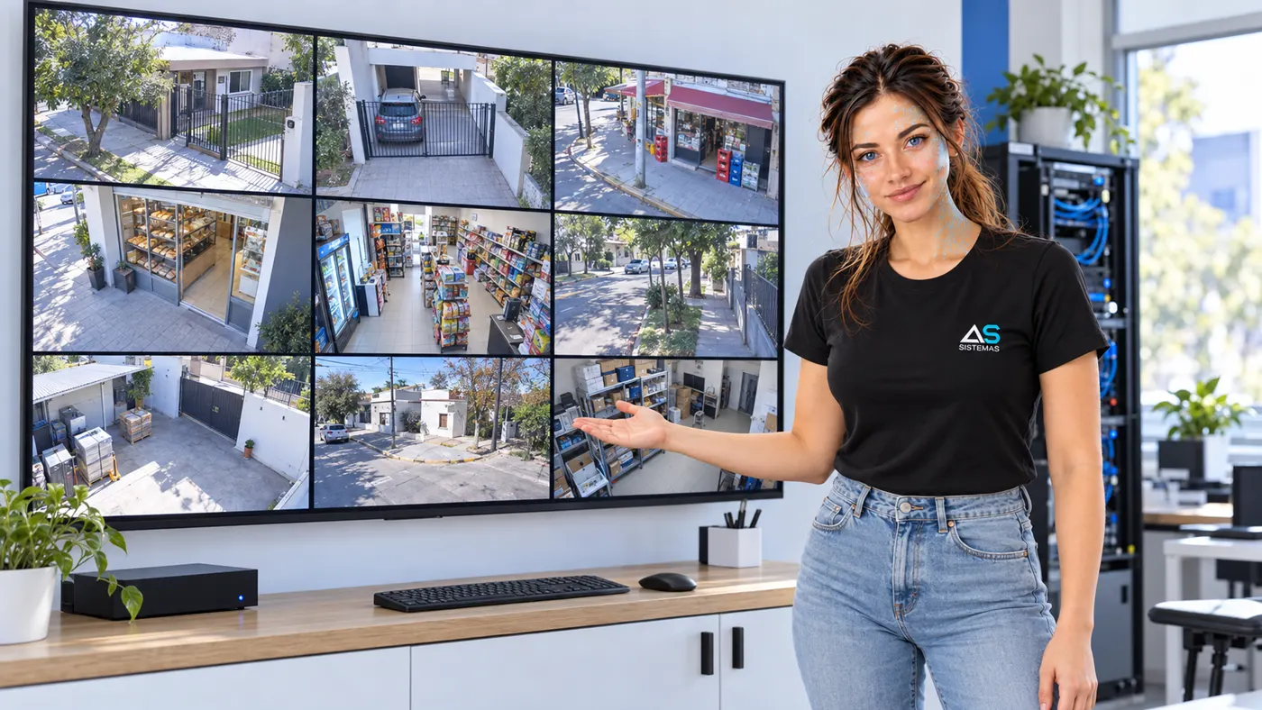 Asis mostrando una pantalla grande con cámaras de casas, comercios y calles del barrio.