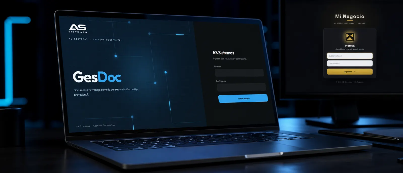 Sistemas de gestión propios de AS Sistemas en una notebook